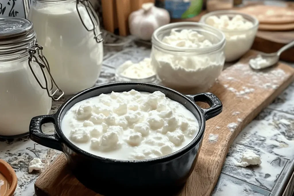 "Jar of kefir next to freshly baked bread and muffins on a rustic wooden table."