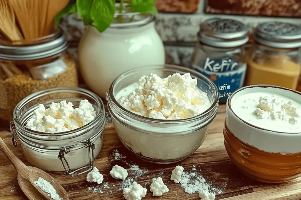 "Step-by-step process of using kefir in baking, from pouring it into a mixing bowl to freshly baked bread on a wooden countertop."