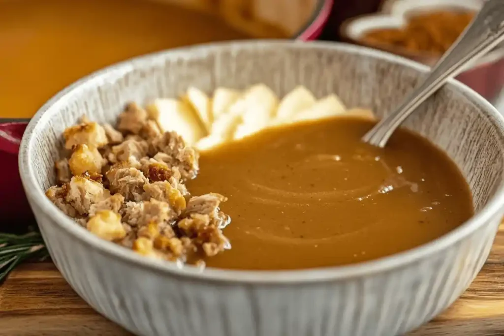 A saucepan with smooth brown gravy simmering gently on a stovetop, with a whisk resting nearby.