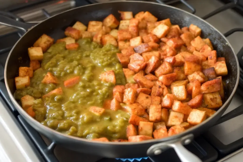 Diced, seasoned potatoes cooking in a skillet, topped with roasted green chile sauce, creating a flavorful filling for Potato Green Chile Tacos.