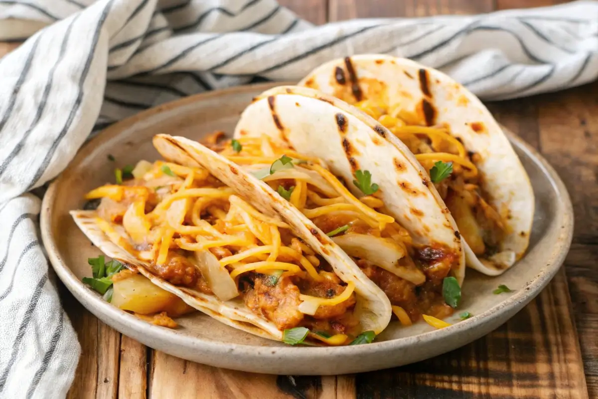 Three grilled potato green chile tacos filled with melted cheese, onions, and garnished with fresh cilantro, served on a rustic ceramic plate.